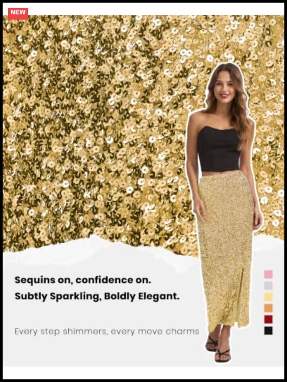 Sequin Pencil Midi Skirt with Side Slit Stretch Fit Party Skirt - Picture 4 of 6